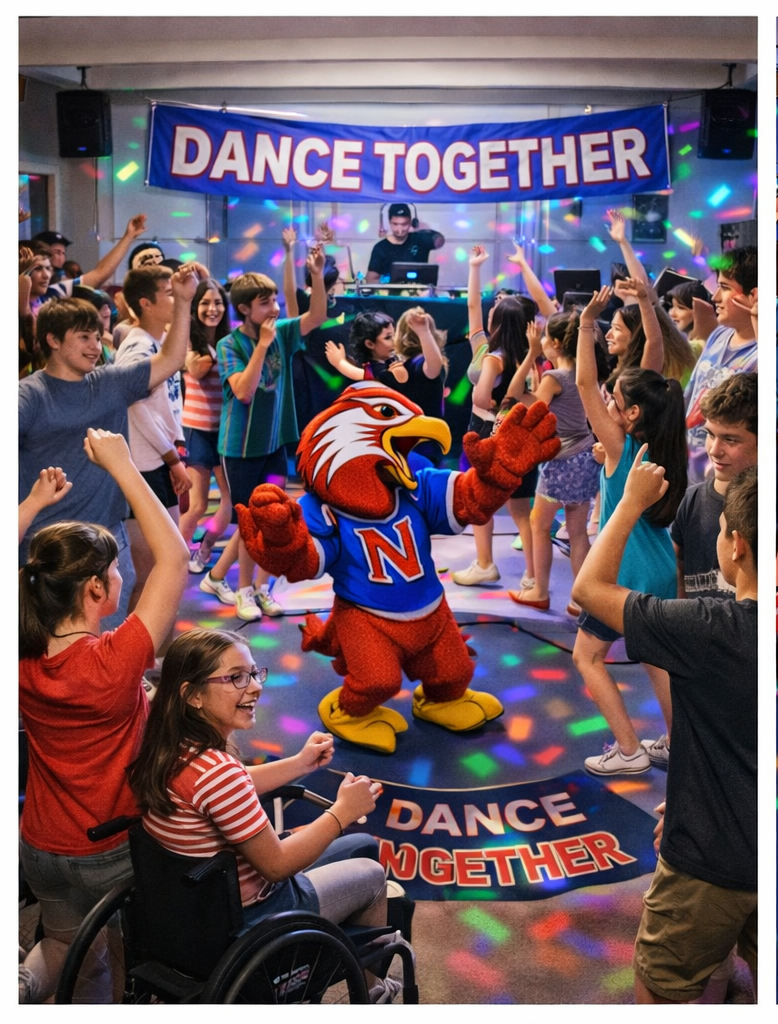 A group of kids dancing in a brightly lit room under a “DANCE TOGETHER” banner, with colorful disco lights and a DJ in the background. In the center, a red bird mascot wearing a blue shirt with an “N” dances energetically while children around it raise their hands and smile.